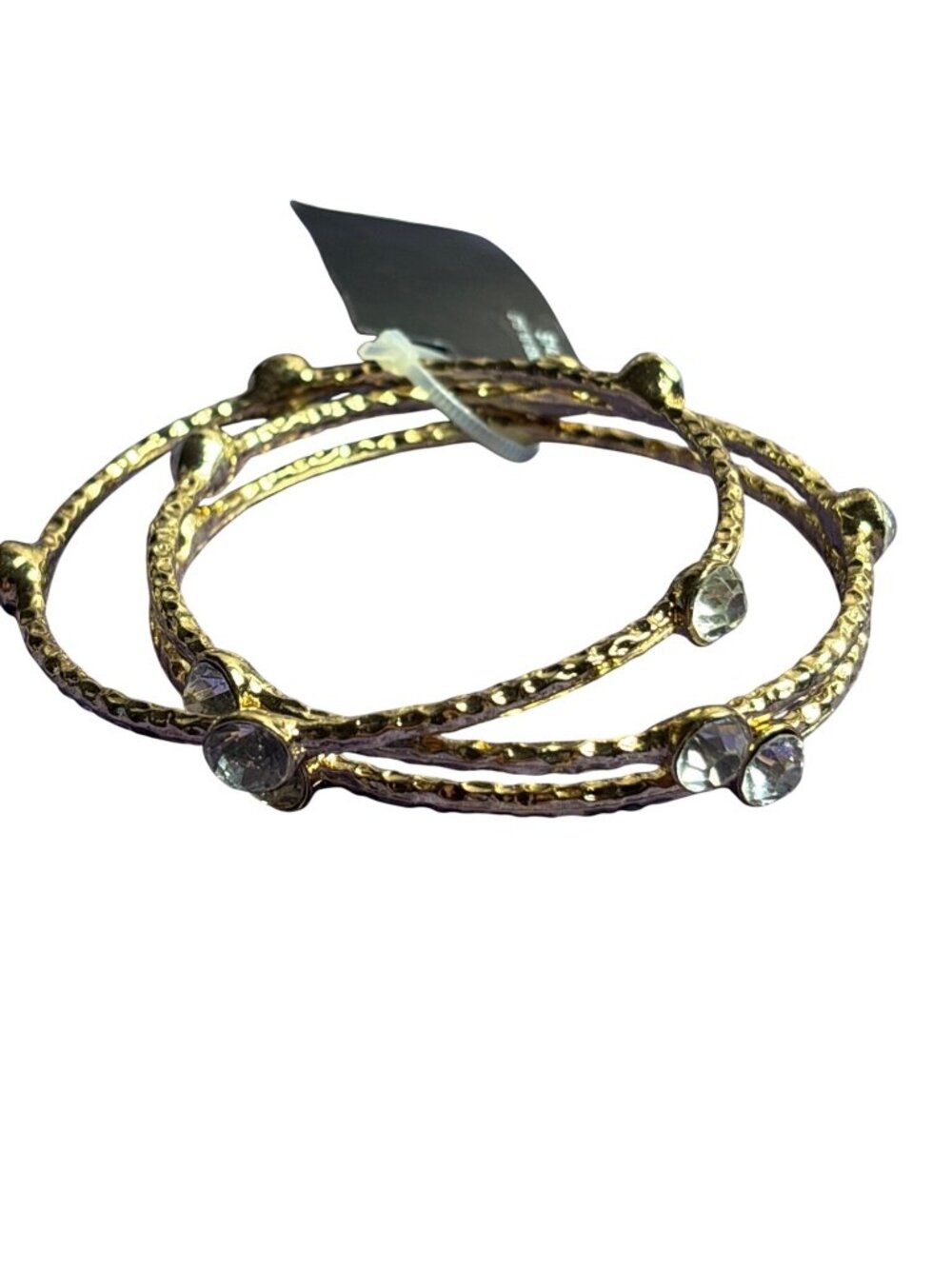 Set of 3 Hammered Goldtone Clear Rhinestone Bangle Bracelets New